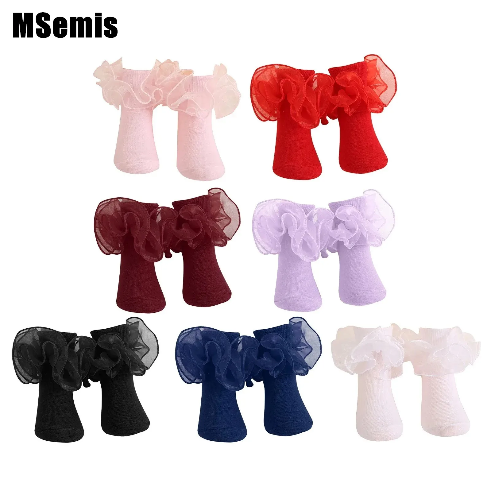 Kids Girls Ruffled Princess Socks Elastic Rib Top Tiered Ruffles Solid Color Cotton Socks Calf Length Socks for Daily Wear