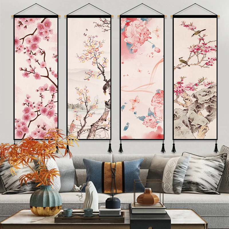 

Chinese Style Peach Blossom Scroll Painting Posters Home Office Decor Canvas Art Painting Wall Pictures for Living Room