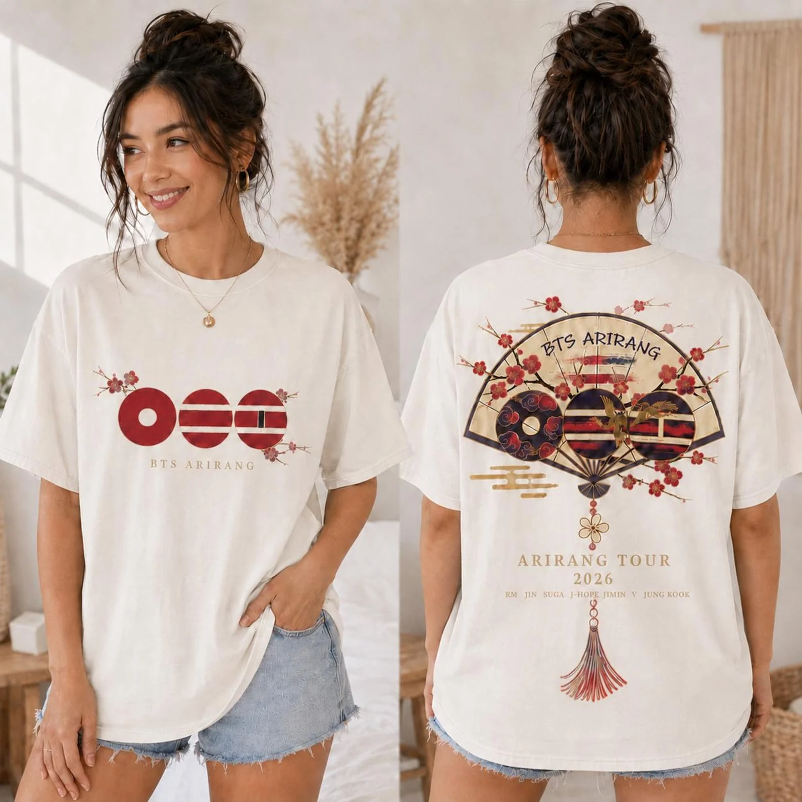 2026 BT21 Arirang Tour 2026 Double Sided T-shirt Korean Fan Cherry Blossom Graphic Tee Unisex Kpop Fans Short Sleeve Shirt