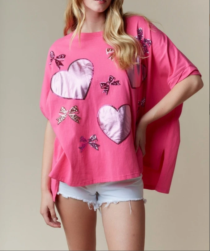 Heart shaped sequin short sleeved sweet loose T-shirt