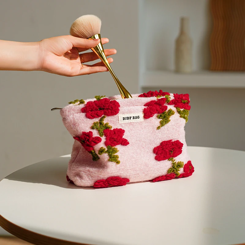 Women's Makeup Bag, Pink, Portable Storage Bag, Red Flowers, Travel, Large Capacity Toiletry Bag, Commuter Clutch