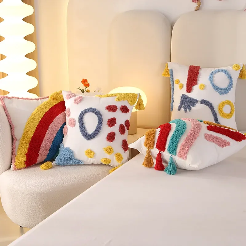 ins wind tufted fringed rainbow throw pillow dopamine home decoration bay window cushion living room sofa pillowcase