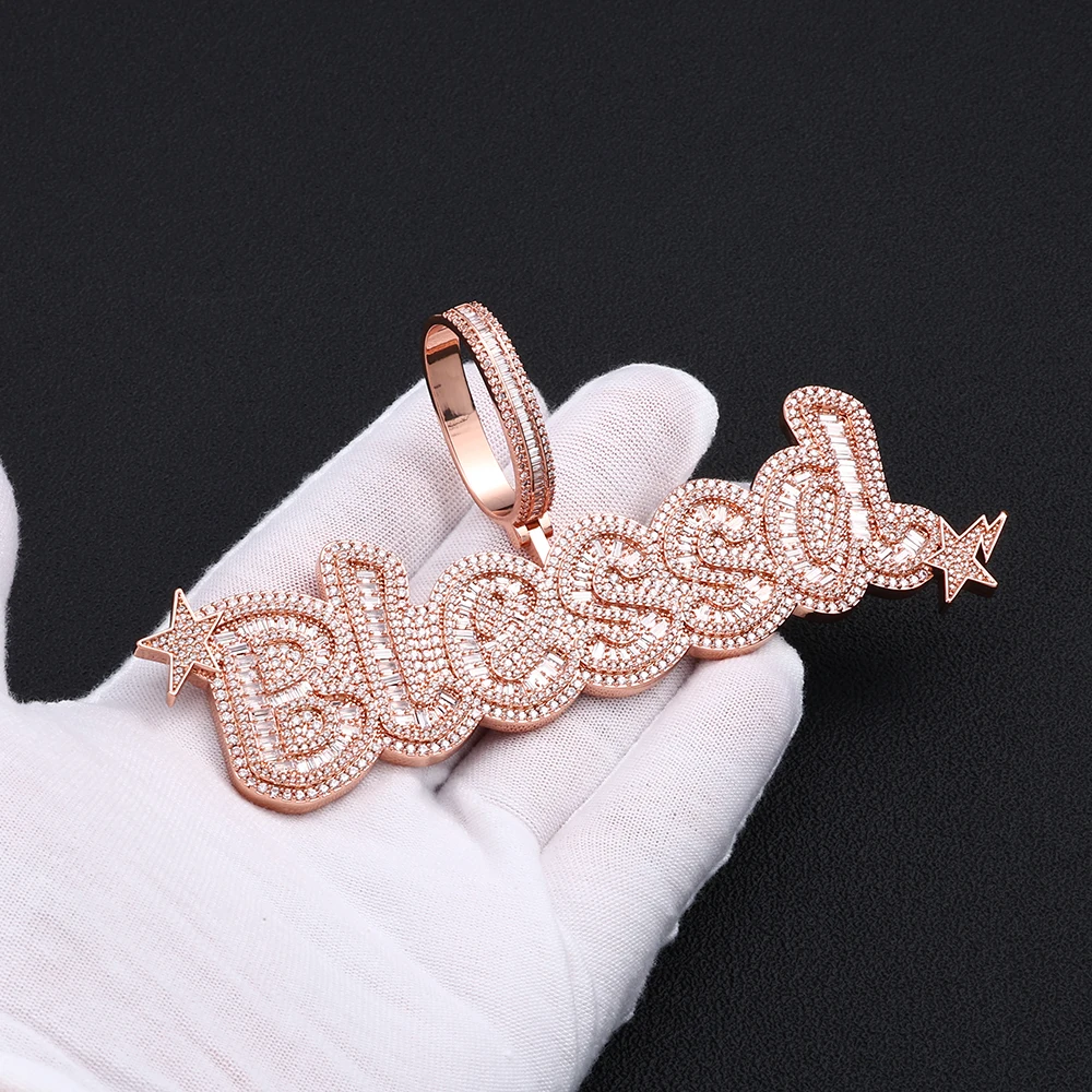 Custom Bubble Blessed Letter Pendant Rose Gold Full Micro Pave CZ Star Accent Hip Hop Personalized Text Necklace Jewelry