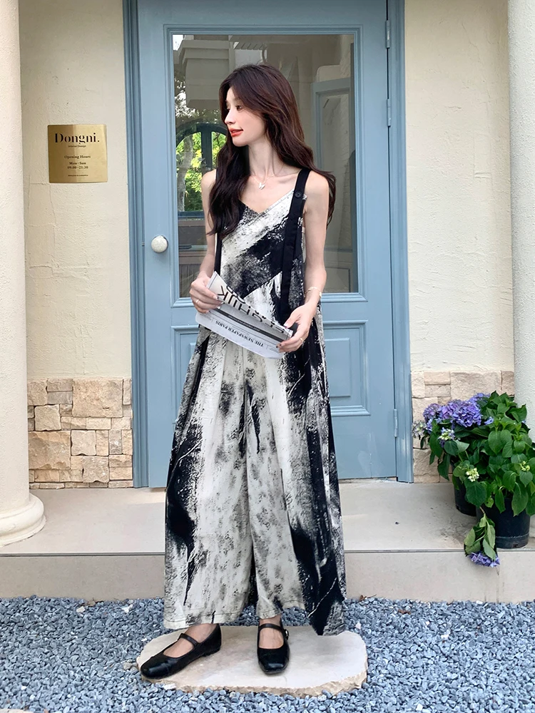 Conjunto de camiseta y mono de pierna ancha con tinte a base de agua para mujer, traje informal de una pieza con pantalones largos de cintura alta, verano 2025