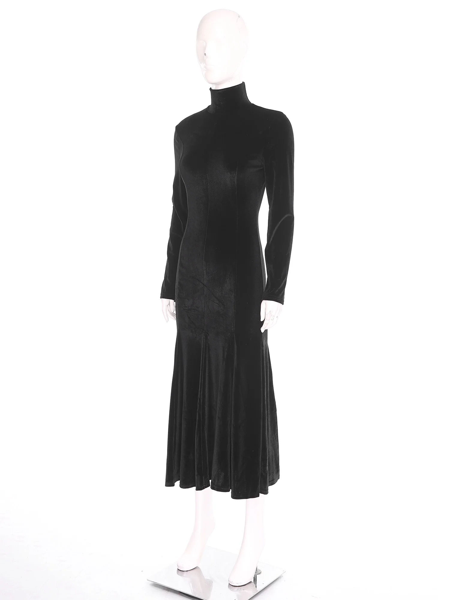 Womens Elegant Velvet Maxi Dress Turtleneck Long Sleeve Bodycon Mermaid Dress Lady Chic Party Prom Gowns Wedding Formal Gown
