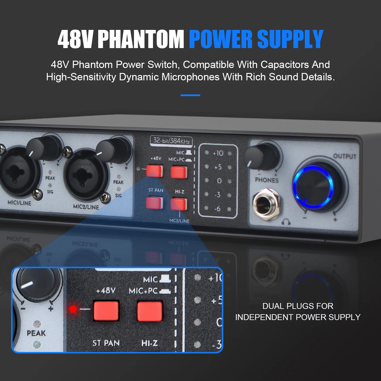 MX02 USB Audio sound card 48V Phantom power supply, studio controller, for recording, production, guitar