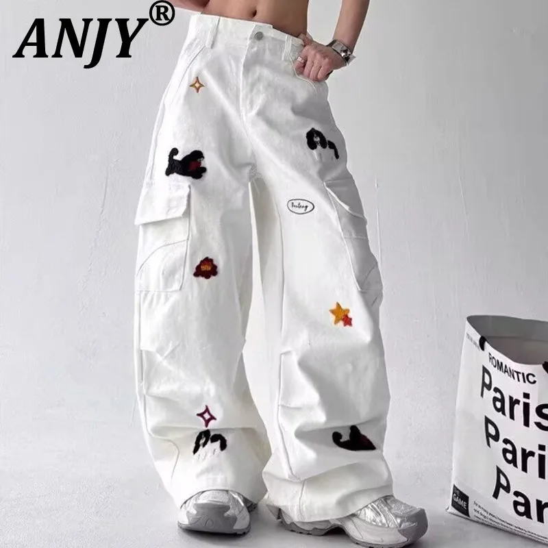 

ANJY Autumn New Women Cargo Jeans Embroidered Washed Denim Multi-pocket American Streetwear Casual Stylish Wide Leg Pants A10159