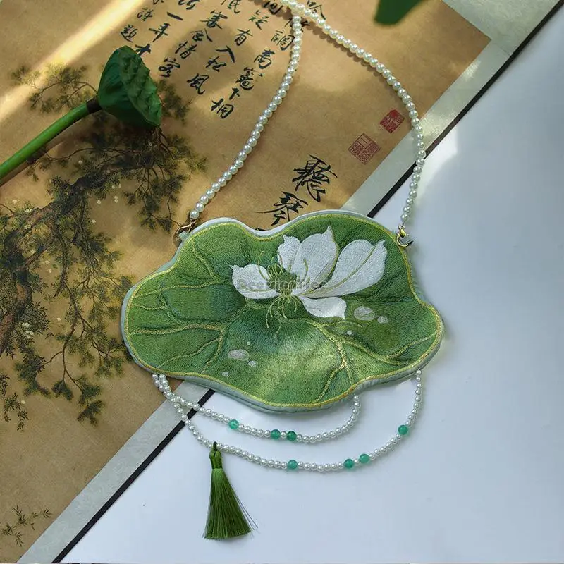 2025 new chinese hanfu bag embroidery lotus leaf double-sided embroidery retro style pearl chain hand bag hanfu accessories 678
