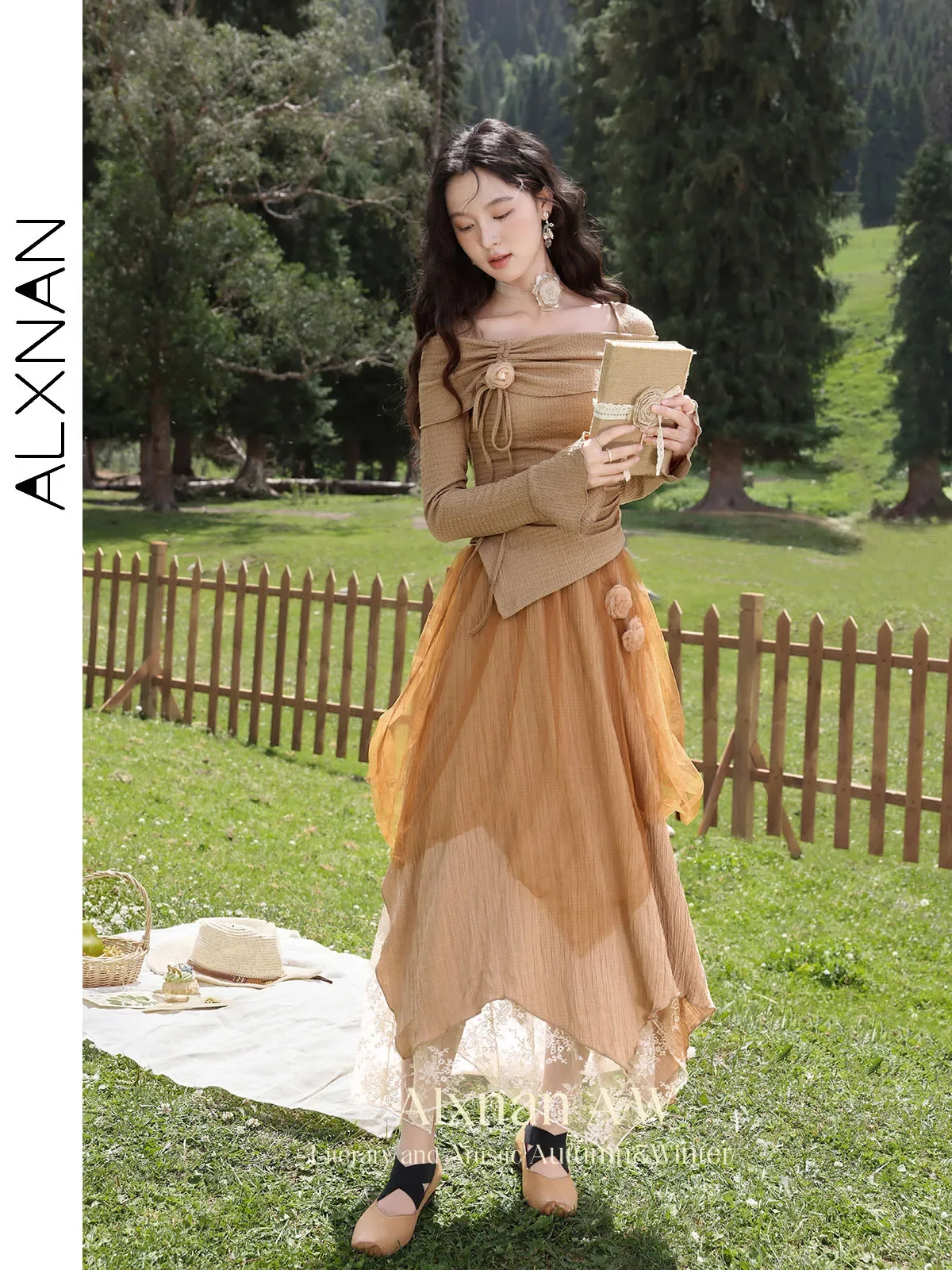 ALXNAN Women\'s Retro Casual Skirts A-line Patchwork Three-dimensional Camellia 2024 Autumn Midi Skirt Sold Separately L39326BSQ