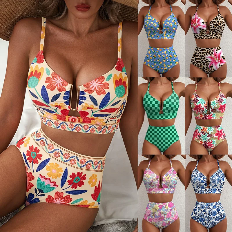 Women Sexy Floral Bikini High Waist Tummy Control Floral Bikini U Line Cross Back Padded Bikini Two Piece Beach Swimsuit