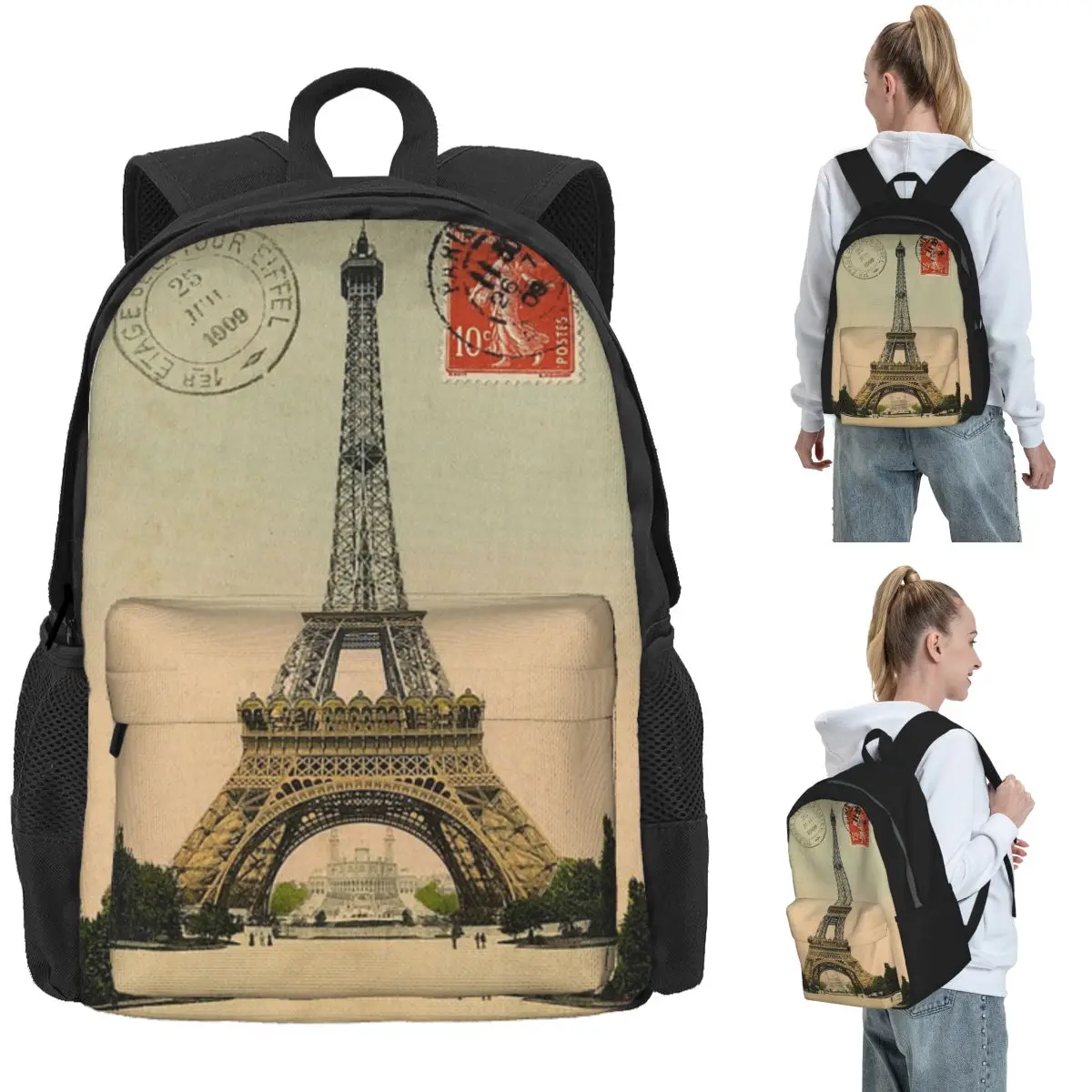 Eiffel Tower Vintage French Postcard Backpack Daypack Large Capacity Kids BookBag School Bag Shoulder Bags for Men Women