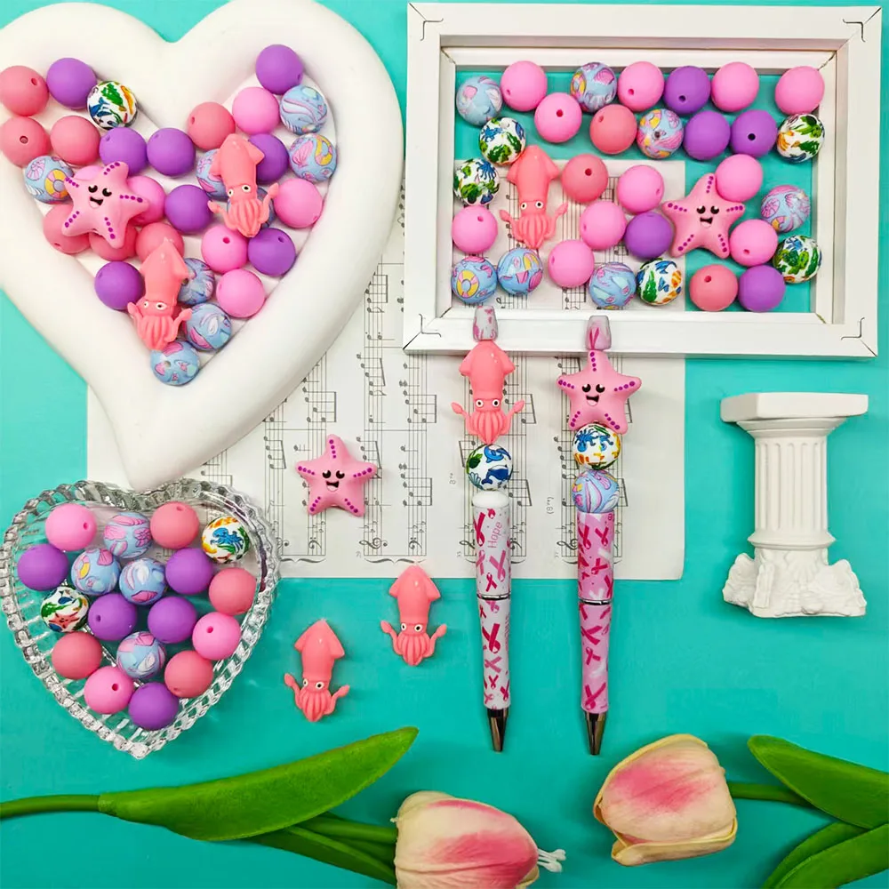 42Pcs Starfish Squid Silicone Beads Set DIY Beaded Necklace Bracelet Decoration Pen Jewelry Pendant Etc. Holiday Birthday Gift