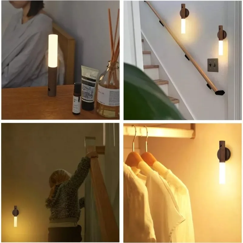 Sensor Night Light Solid Wooden Indoor Rechargeable Motion Magnet Body Sensor Night Lights Hand-Held Portable LED Wall Light