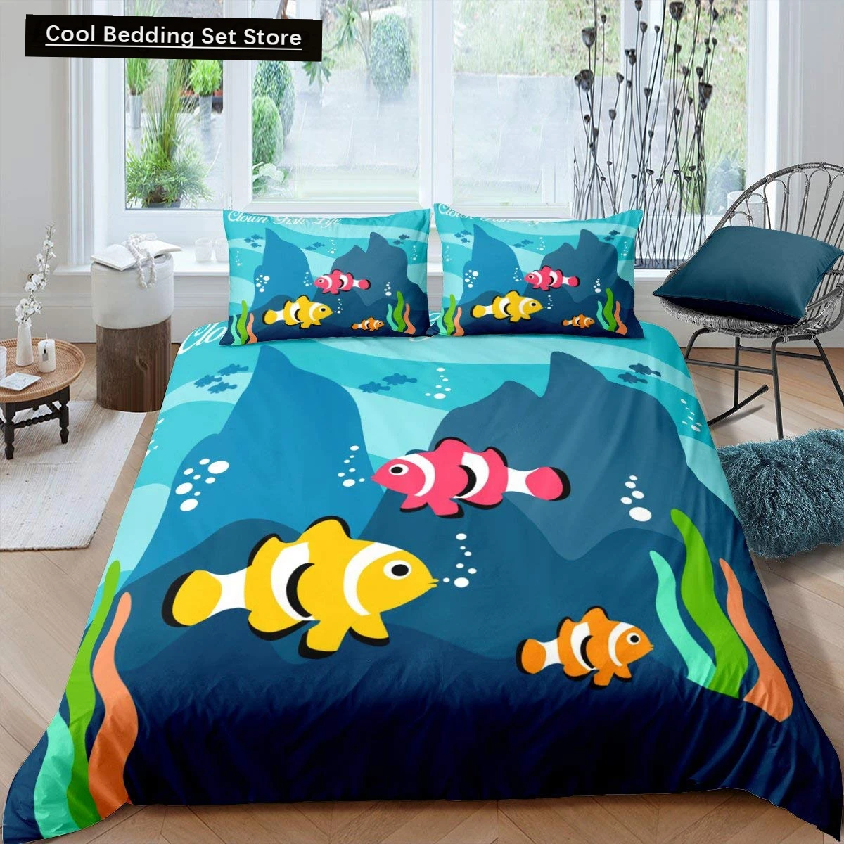 

Cartoon Clownfish King Queen Duvet Cover Tropical Marine Life Quilt Cover Underwater World Bedding Set Polyester Comforter Cover