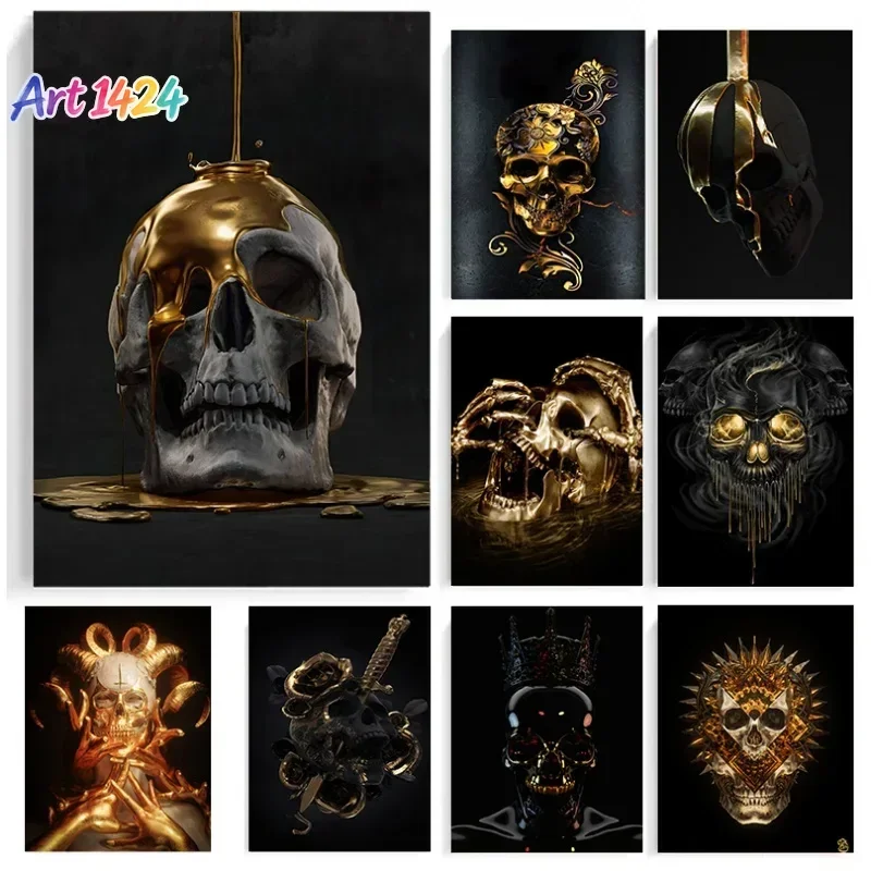Abstract Metal Skull Wall Art Black Gold Printed Canvas Posters And Prints Living Room Bedroom Home Decor Gifts