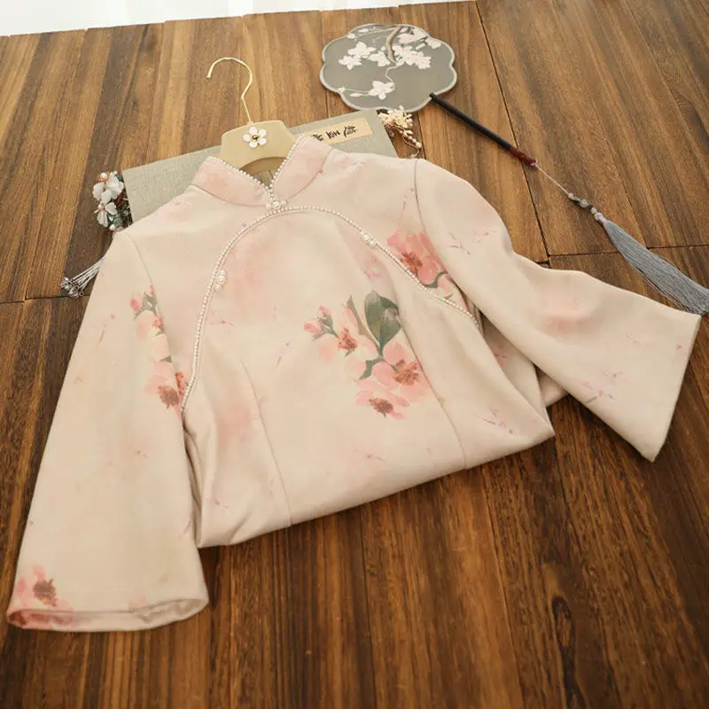 2024 Autumn Qipao Long Split Dress Sweet Pink Cheongsam New Elegant Long-sleeved Girl Improved Vintage Chinese Style