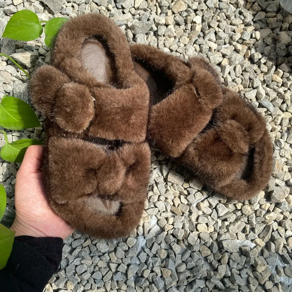 Flauschige Hausschuhe aus Kunstfell für Damen, mit verstellbarer Schleife, imitierende Nerz-Sandalen, flache Damensandalen, rutschfeste Sohle, Fell-Schuhe für Damen. – Detail 8