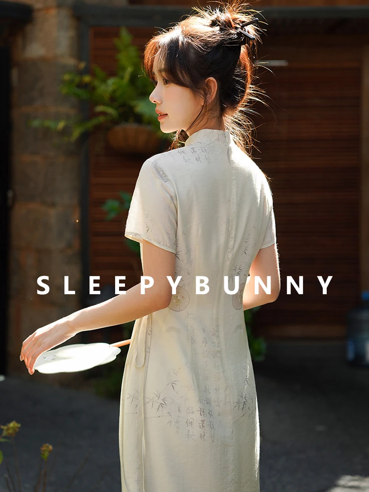 Women Summer Chinese Style Floral Print Cheongsam Dress Elegant High-Waisted Short Sleeve Qipao Petite Fit Retro Oriental Dress - Image 5