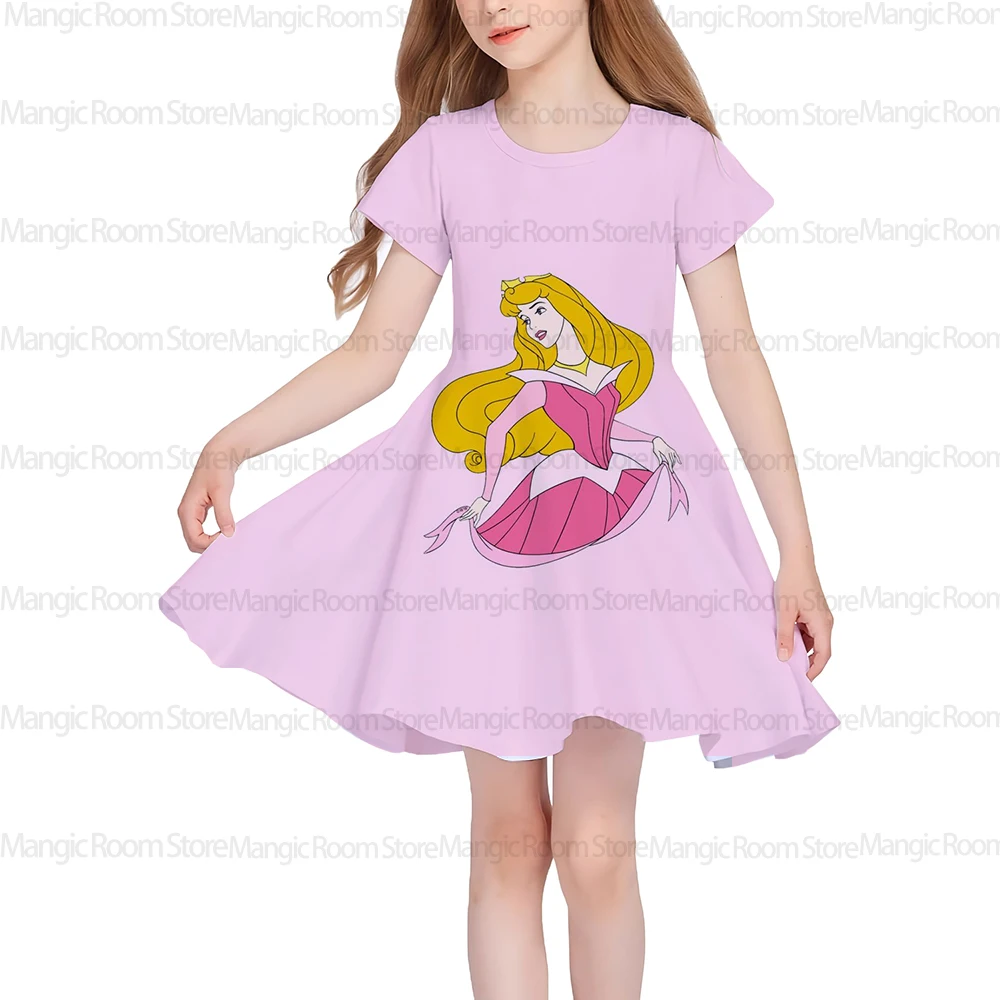 

Girls dress Disney summer 2025 mermaid princess short sleeve dress princess 3D print cute children's clothing party top