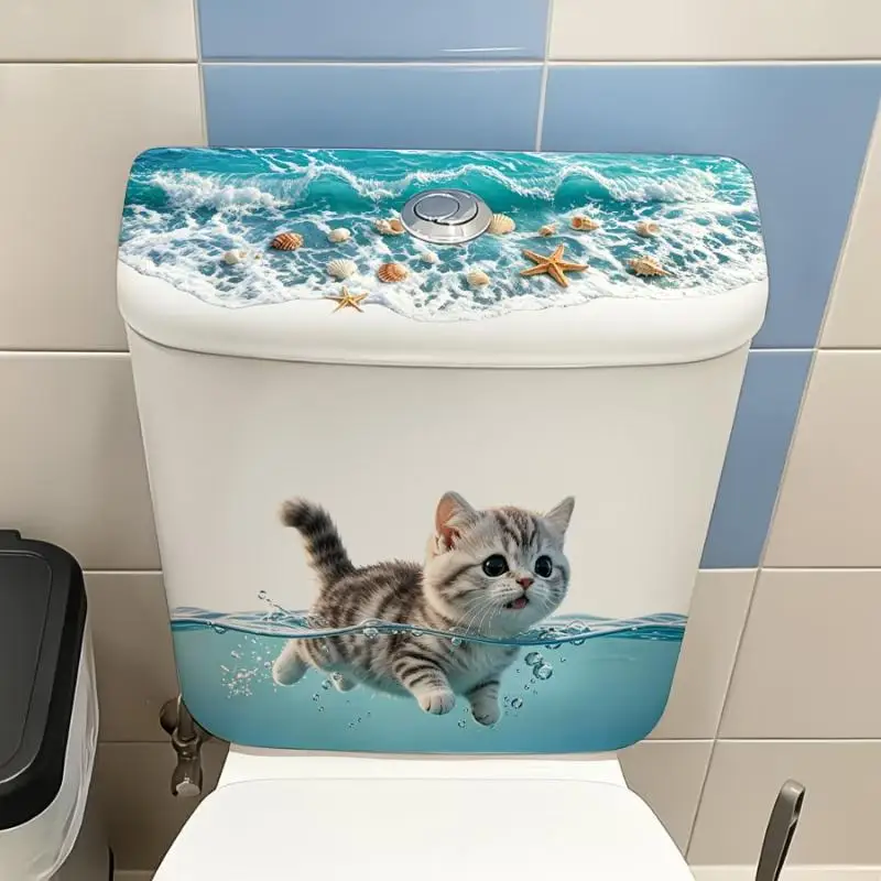 Cute Swimming Cat Toilet Sticker Waterproof Bathroom Wall Sticker Self-Adhesive Removable Decals Home Decor