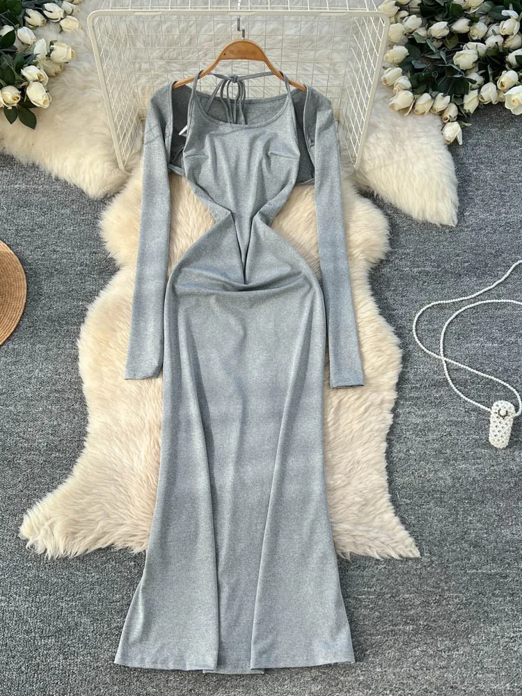 Foamlina Sexy 2-teiliges Damen-Kleid-Set, einfarbig, Neckholder, ärmellos, rückenfrei, figurbetontes Maxikleid und Langarm-Westenanzug
