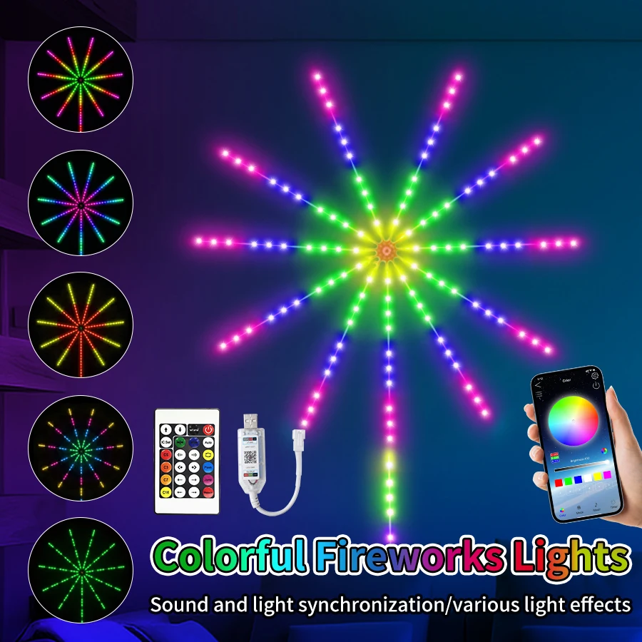 USB LED الألعاب النارية ضوء عيد الميلاد جارلاند حلم اللون الجنية سلسلة أضواء بلوتوث App التحكم الموسيقى مزامنة غرفة نوم ديكور الزفاف
