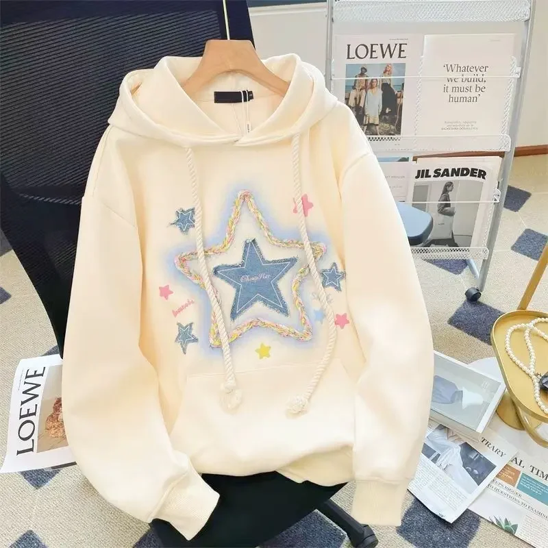 American Style Hip Hop Star Printing Cracker Khaki Hooded Sweatshirt Women's Autumn Winter Lazy Campus Style Petite Jacket