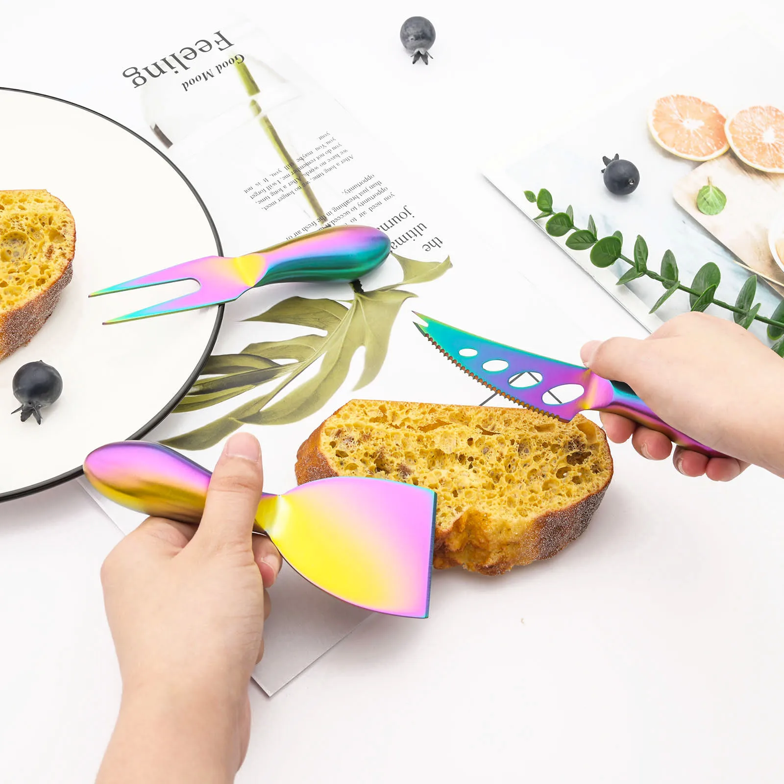 Rainbow 7Pcs Cheese Knife Set Stainless Steel Butter Spreader Cheese Cutter Slicer Fork Kitchen Useful Breakfast Cooking Tools