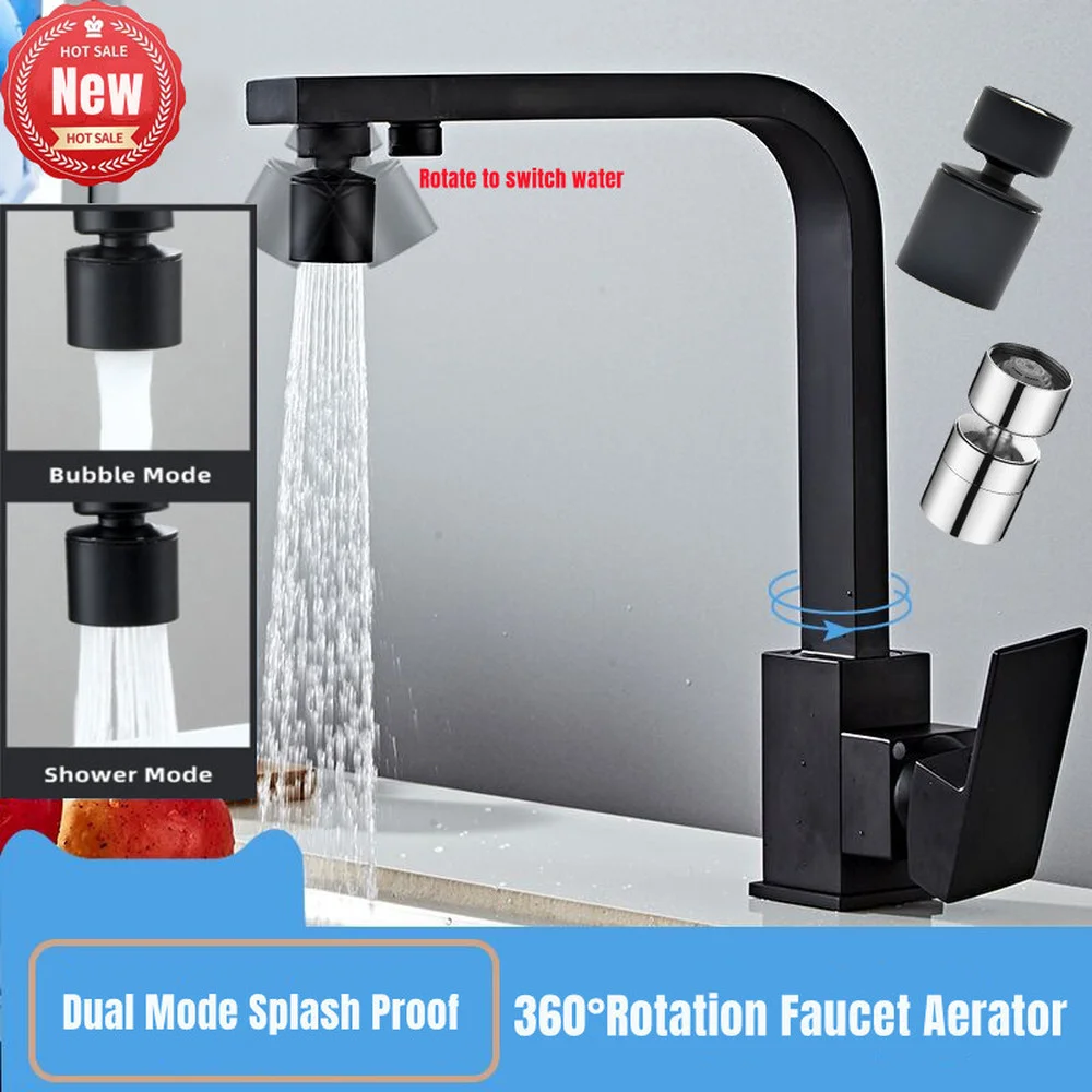 New Black Dual Mode Aerator 360° Swivel Faucet Extender Sink Booster Tap Bubbler Anti Splash Filter Nozzle Kitchen Accessories