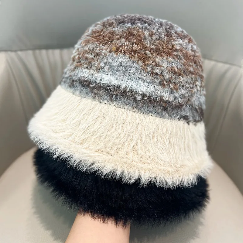 Fall Winter New Knitted Stripe Fisherman Hat Thick Plush Faux Fur Wool Felt Warm Ear Protector Bucket Hat Face Hat Panama Cap