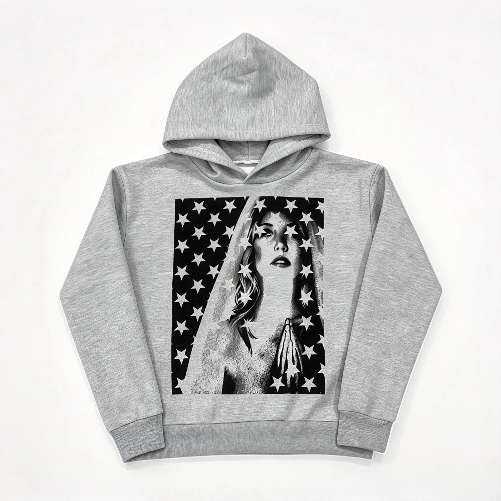 Women's Y2K Vintage Pullover Hoodie with Portrait Star Graphic Print Long Sleeve Hooded Sweatshirt for Streetwear Autumn Winter