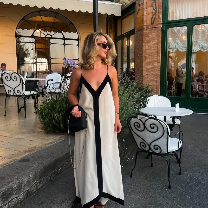 

European Style Women Summer New Lazy Vacation V Neck Slit Dress Casual Sleeveless