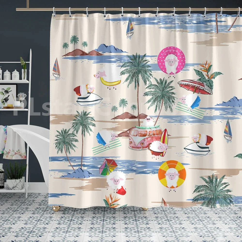 

Sheep Summer Beach Pattern Shower Curtain 3D Printed Bathroom Curtains with Hooks Funny Animal Shower Curtain