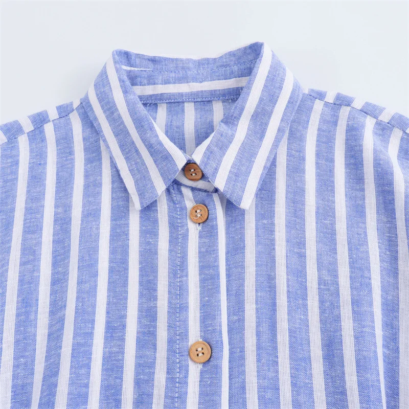 الملابس النسائية الأوروبية والأمريكية مزيج الكتان المخطط فستان ميدي قميص فستان طويل #3