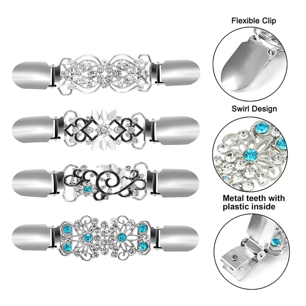Sweater Clips Set – Rhinestone Flower Design, Rust-Resistant Alloy, for Cardigans, Shawls & Collars