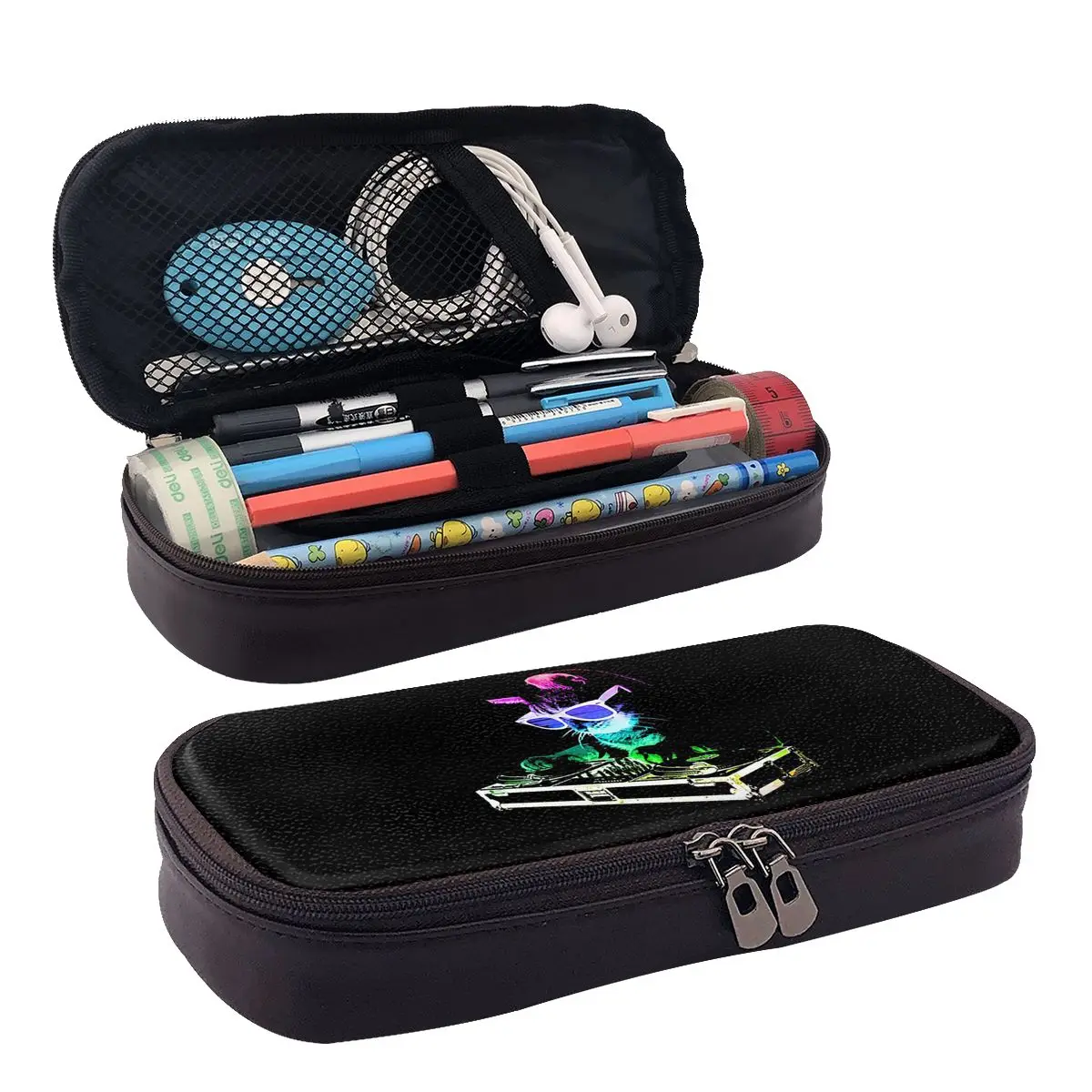 House Cat Rainbow Dj Kitty Leather Pencil Case for Students School Pen Box Pencil Bag Stationery Supplies Pen Holder Bag