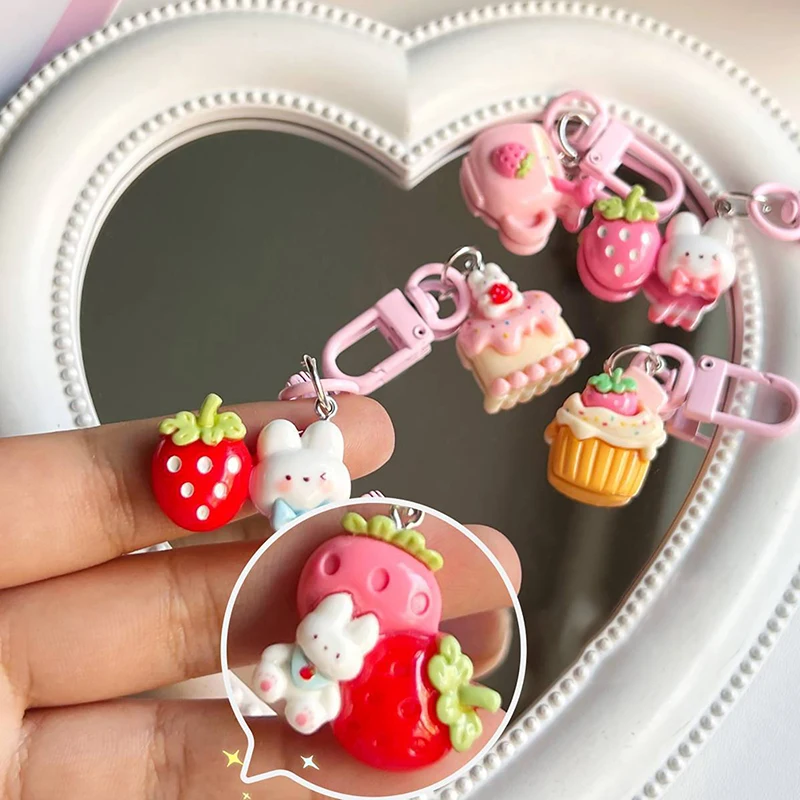 Cute Cake Rabbit Keychain Resin Charms Bag Charms Kawaii Pendant Cartoon Keyring For Women Girls Kids Couple Car Bag Lovely Gift