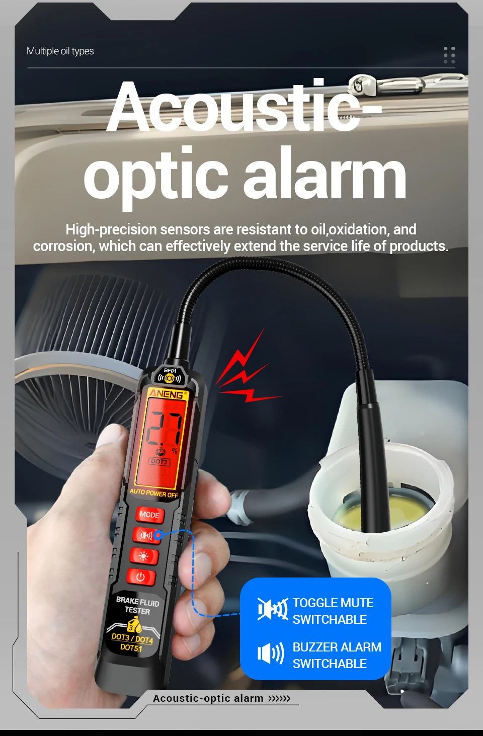 ANENG BF01 Bremsflüssigkeitstester Handgerät mit Digitalanzeige Akustischer/Sichtbarer Alarm Test RT01 Auto Digitales Relais-Detektionskit – Detail 4