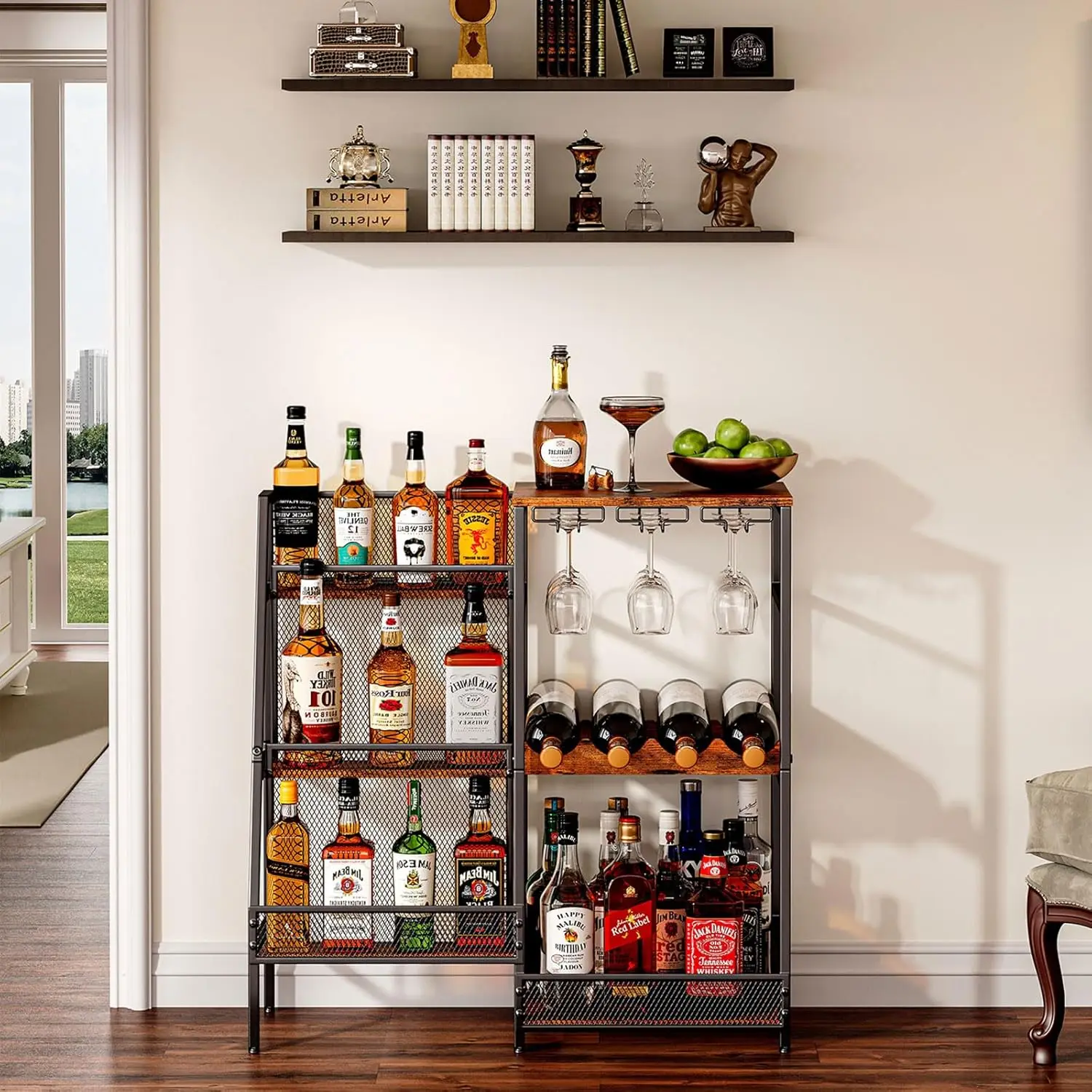 

3-Tier Trapezoidal Liquor Display Shelf with Glass Holder and Fences, Versatile Home Bar Stand for Wine Whiskey Bottles