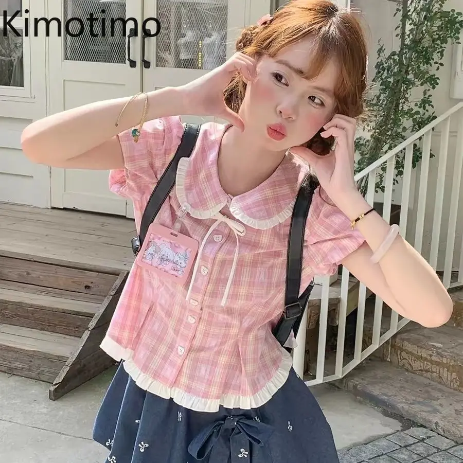 Kimotimo Sweet Lolita Plaid Shirt Women Summer Peter Pan Collar Slim Waist Short Sleeve Blouse Japanese Y2k Aesthetic Crop Top