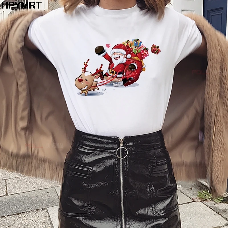 Merry Christmas Letter Printed t shirts Women Harajuku streetwear Kawaii Santa Claus and Reindeer tshirt tops Female T-shirt