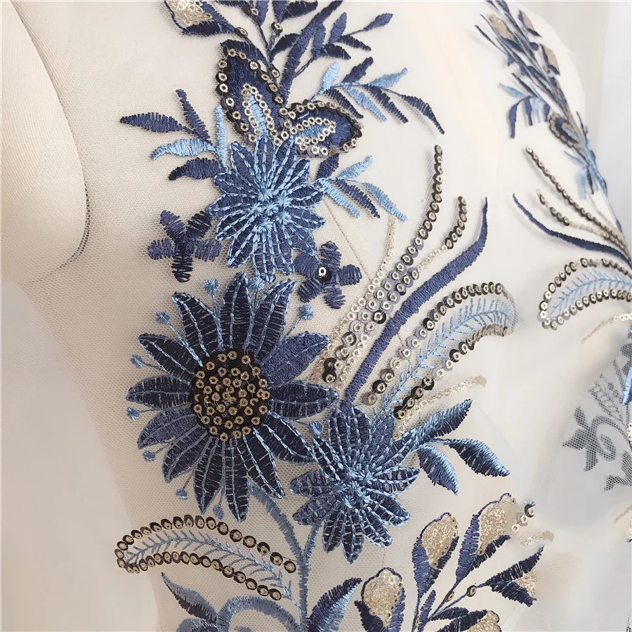 1 Pair Blue Sequin Flower Lace Fabric Embroidered Applique Patch Repair