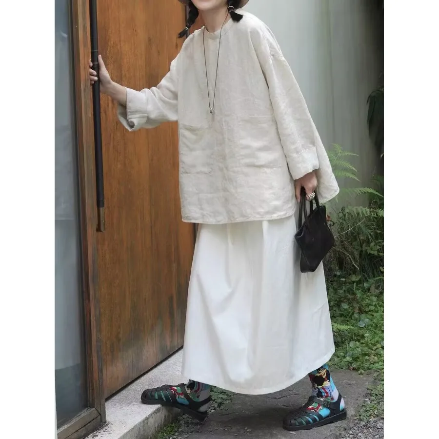 

Весенняя женская рубашка с длинным рукавом из хлопка и льна, свободного кроя, в художественном стиле, в национальном китайском стиле Тан, модный универсальный топ