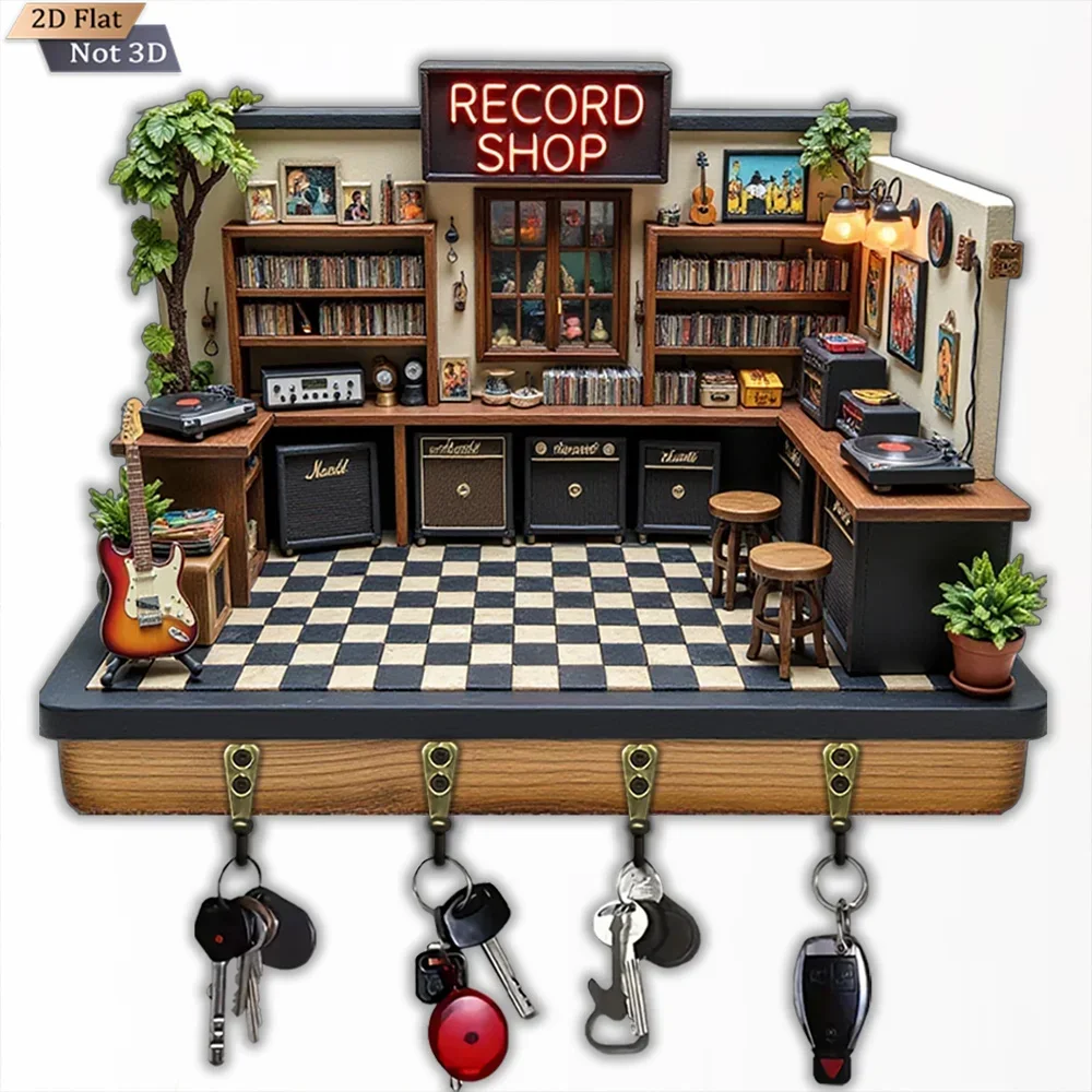 2D Flat, 1pc, Retro Record Store Style Key Hook, Wooden Multifunctional Home House Key Hook, with Four Metal Hooks, Wall