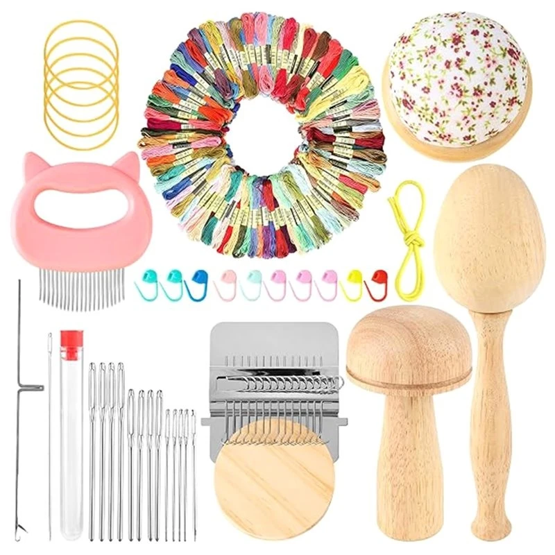 [NEW!ABSV】 Premium Knit Patch Mending Kit-14 Hook Darning Looms, Darning Mushroom& Darning Egg, 100 Color Embroidery Floss
