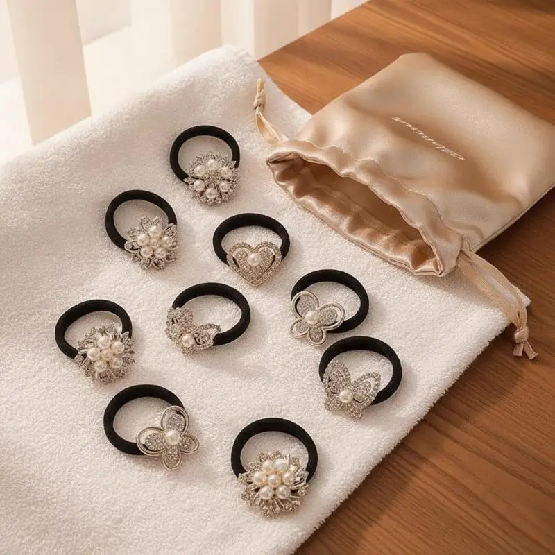 New 10Pcs Women's Elastic Rhinestone Hair Ties Faux Embellished Soft Jersey Fabric Hair Accessories for Wedding Bridal Wear
