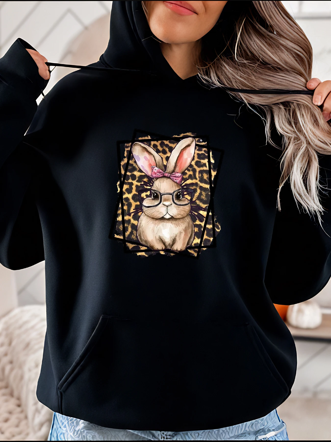 Bunny Print Hoodie Casual Style Leopard Frame Glasses Rabbit Design Women's Everyday Wear