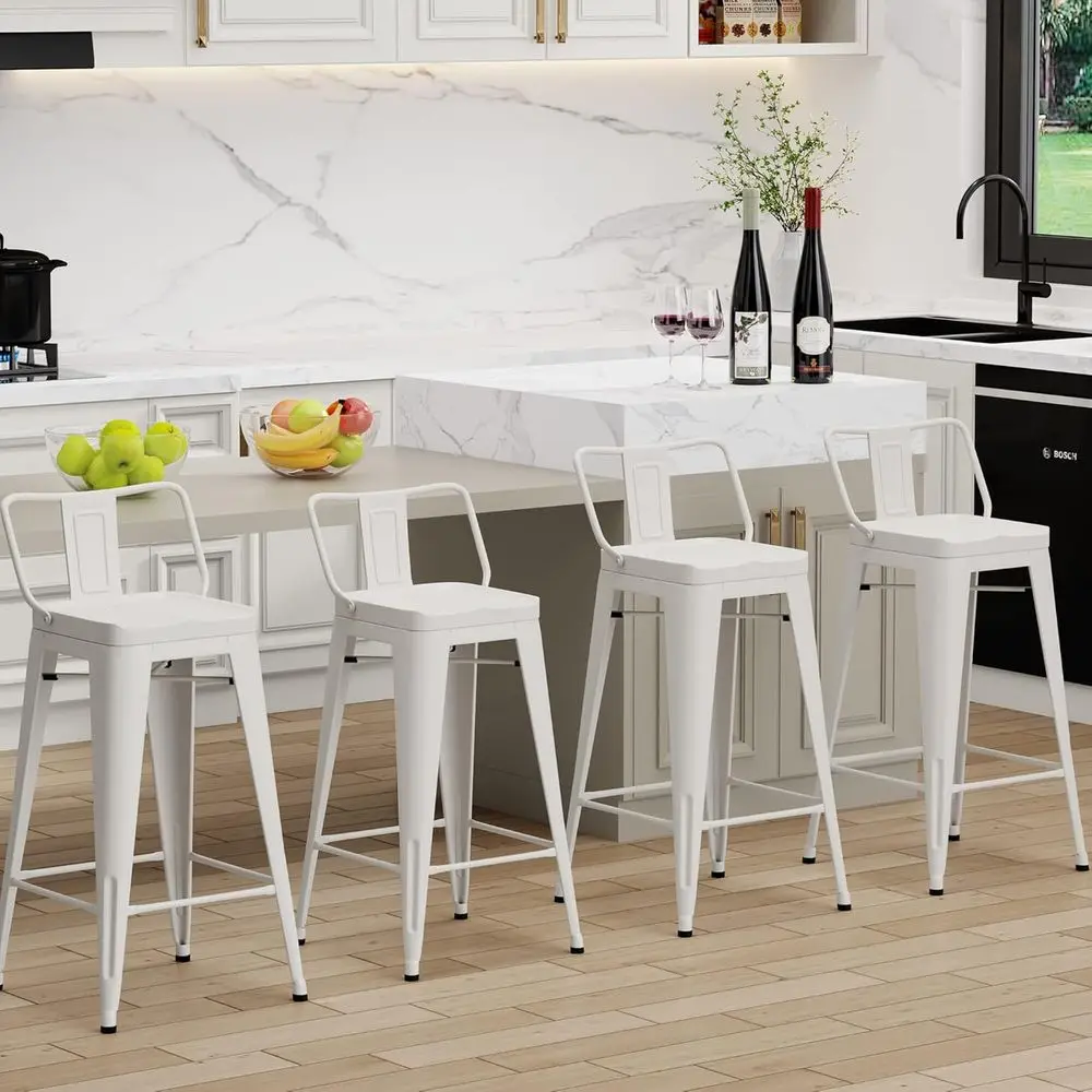 Set of 4 White Cream Industrial Style Bar Stools, 30 Inch High, with Backs for Kitchen Island