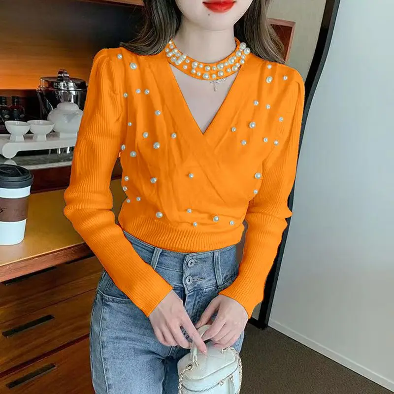 ニットセーター女性のためのホルターネック滑らかな和風韓国ファッション暖かいライト Y2k ヴィンテージトップビーズ女性プルオーバー