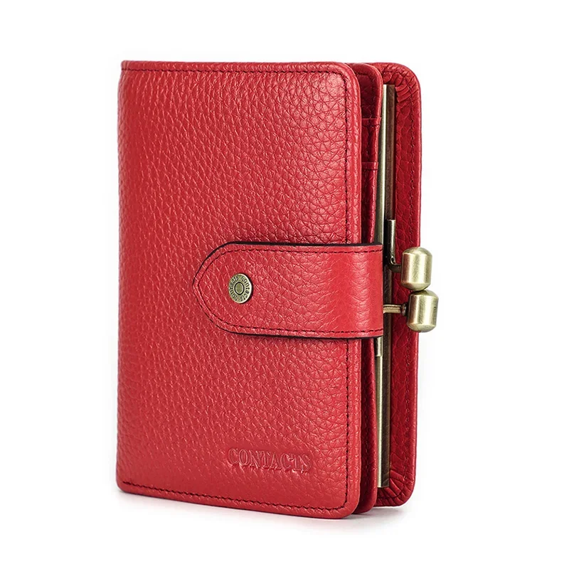 

Женский короткий кошелек из натуральной кожи в металлическом каркасе, короткий кошелек для монет, красный держатель для кредитных карт, модные маленькие кошельки для женщин